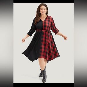 Women’s BLOOMCHIC Red Black Plaid Patchwork Belted Hanky Hem Dress